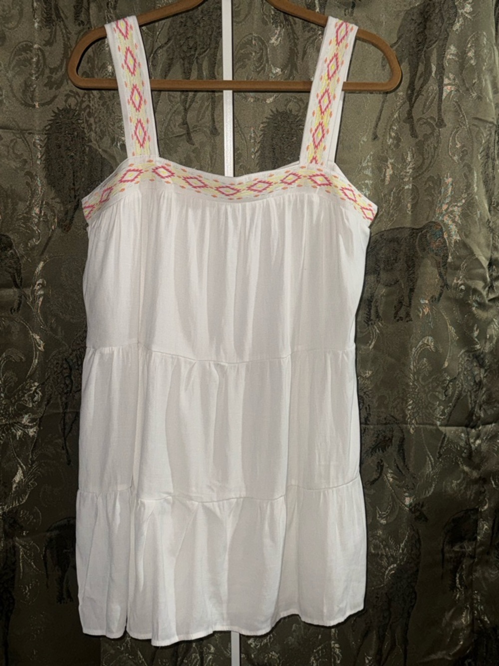 Blue Rain White Midi Dress with Pink and Yellow Embroidered Straps